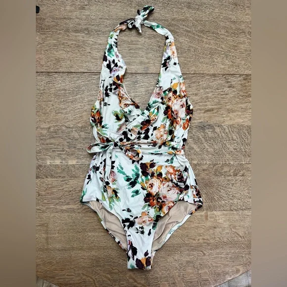 Anthropologie Allihop Ruffle Floral Halter Ruching Tie Waist One-Piece Swimsuit - Picture 2 of 13